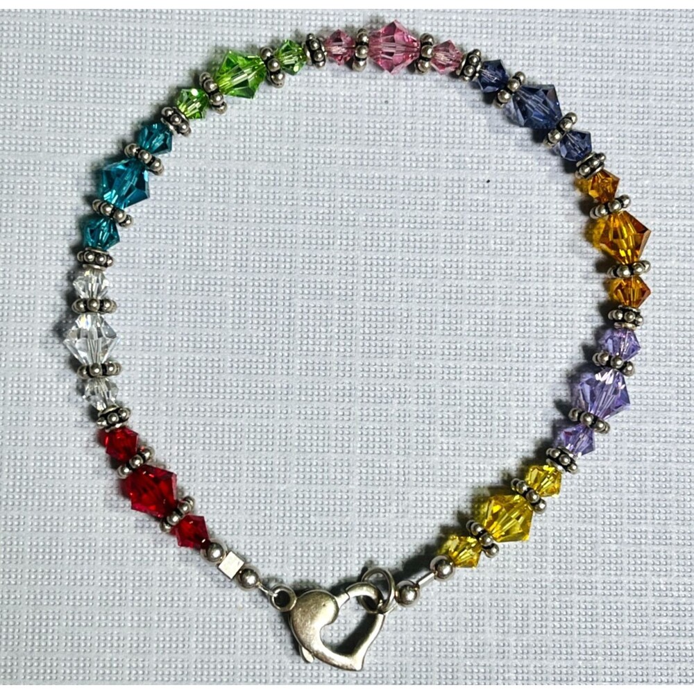 Crystal Rainbow Beaded Bracelet Silver Tone Heart Clasp Colorful Bicone Glass
